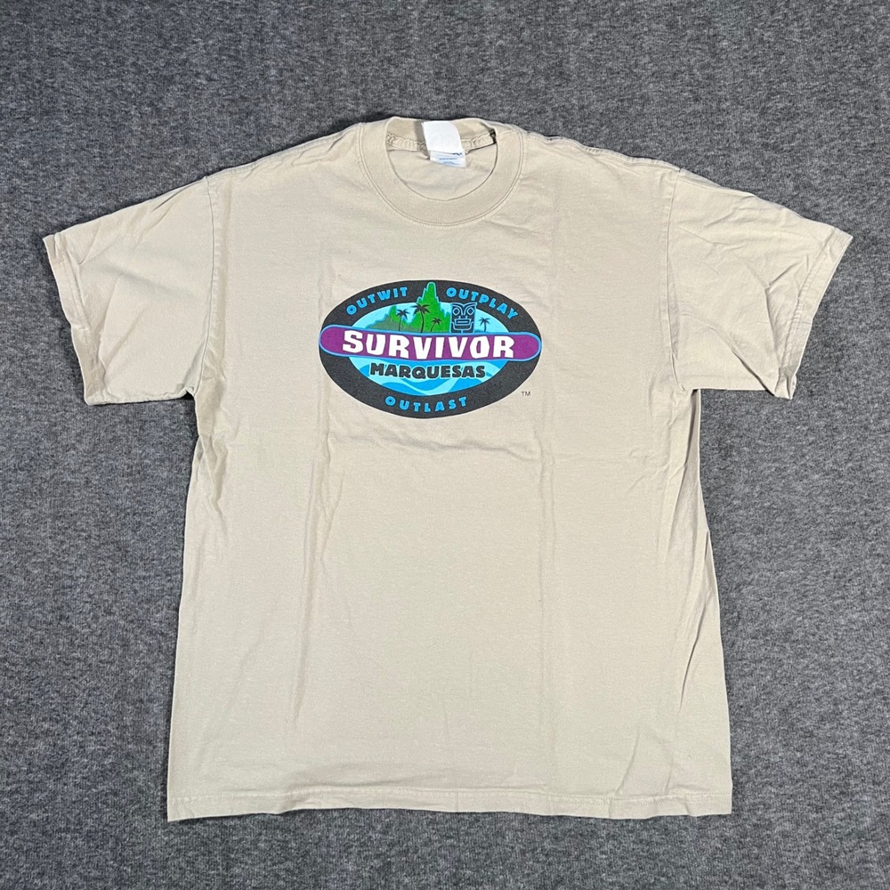 Vintage 2002 Survivor Marquesas T-Shirt Large Tan Graphic Tee Season 4 TV Show